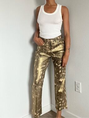 ROCCOBAROCCO Metallic Animal-Print High-Rise Jeans — Gold/Brown